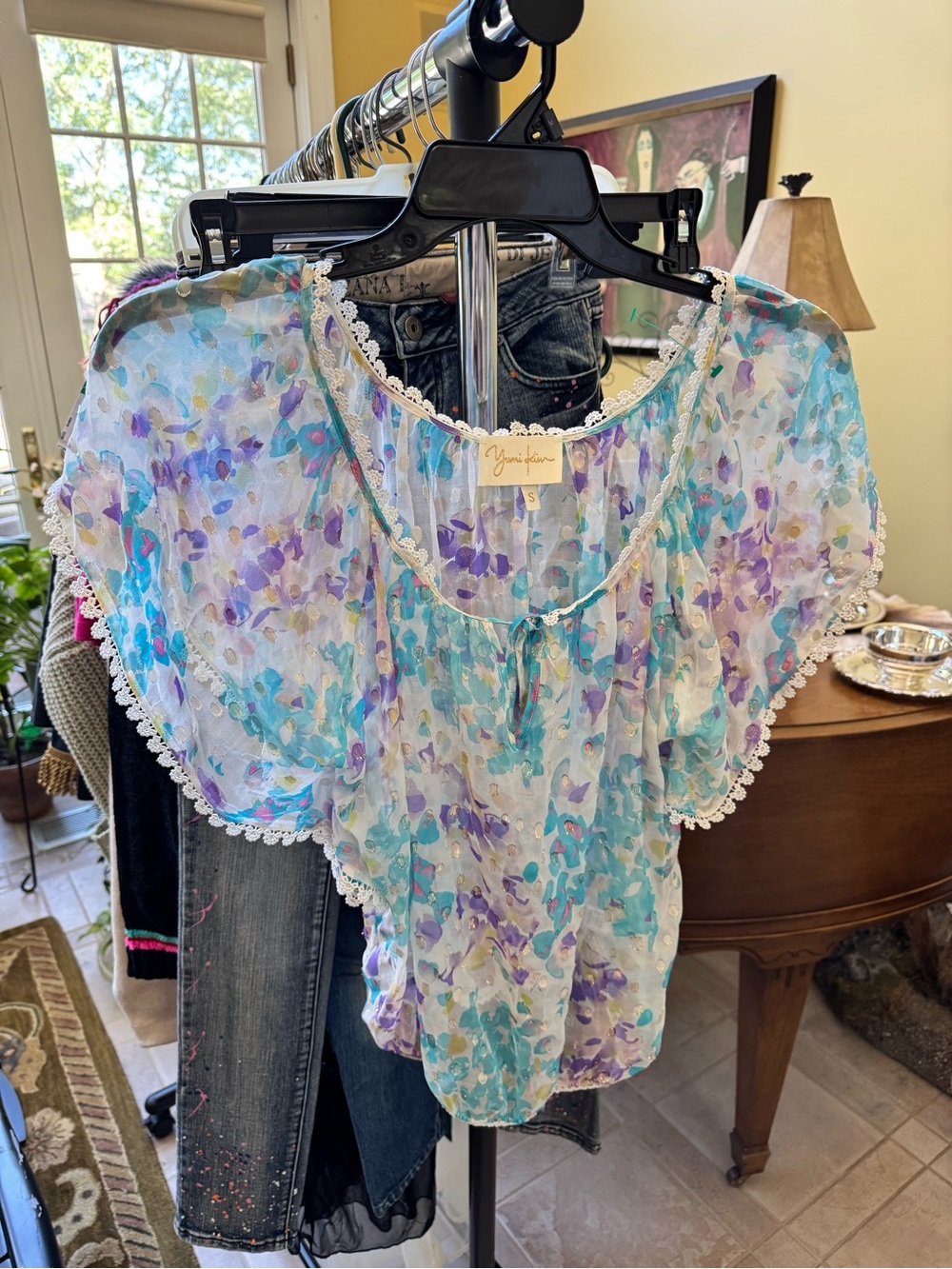 Yumi Kim Sheer 100% Silk Floral Tie-Front Blouse in Aqua and Lavender